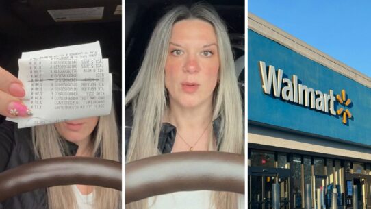 woman showing her receipt (l) woman shares walmart issue (c) Walmart storefront (r)