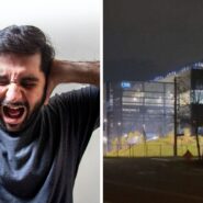 man tired of loud noise (l) Local data center front view (r)