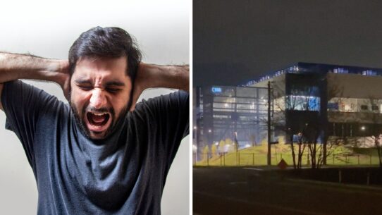 man tired of loud noise (l) Local data center front view (r)
