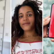 closet door (l) woman shares air bnb experience (c) airbnb app (r)