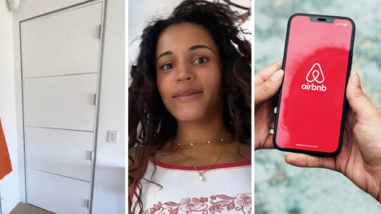 closet door (l) woman shares air bnb experience (c) airbnb app (r)