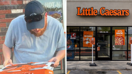 woman shares husbands reaction to pizza order issue (l) Little caesars entrance (r)