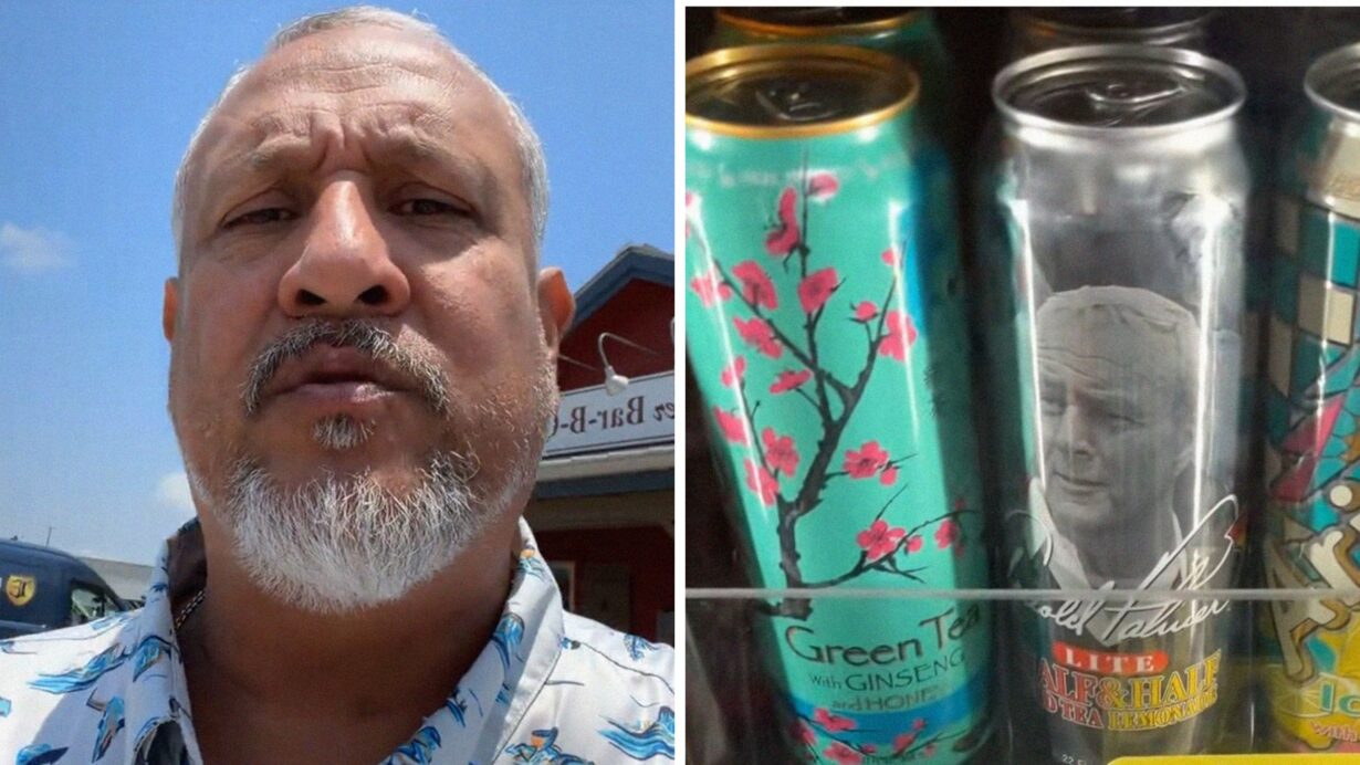 man observes store price trap (l) Arizona iced tea (r)
