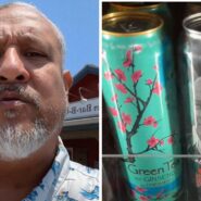 man observes store price trap (l) Arizona iced tea (r)