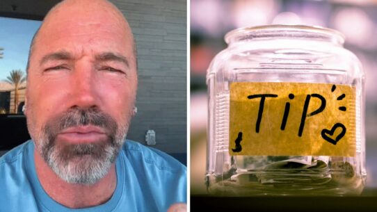 man shares tipping opinion (l) Tipping jar (r)