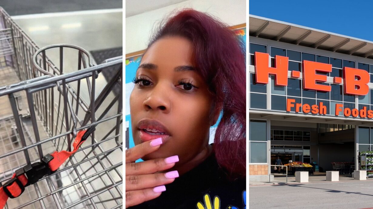 shopping cart (l) woman shares grocery shopping hack (c) H-E-B supermarket (r)