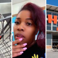 shopping cart (l) woman shares grocery shopping hack (c) H-E-B supermarket (r)