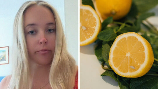 woman shares food order (l) Lemon and greens (r)