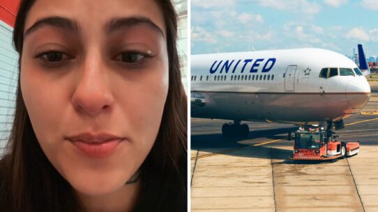 woman shares airline experience (l) United airlines aircraft (r)