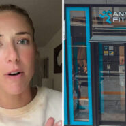 woman shares gym issue (l) Anytime Fitness entrance (r)