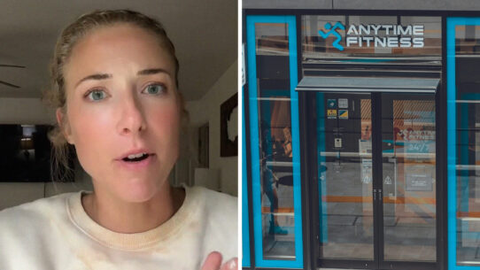woman shares gym issue (l) Anytime Fitness entrance (r)