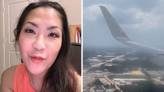 woman shares flight observation (l) flight window view (r)