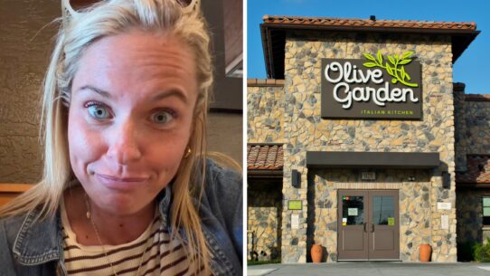 woman shares Olive Garden hack (l) Olive Garden entrance (r)