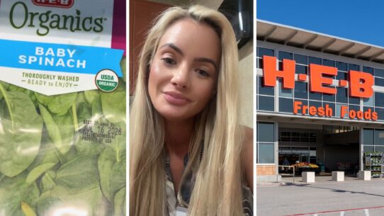 packaged spinach (l) woman shares H-E-B observation (c) H-E-B storefront (r)