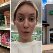 Baccarat Rouge dupes (l) woman shares Dollar Tree encounter (c) Dollar Tree storefront (r)