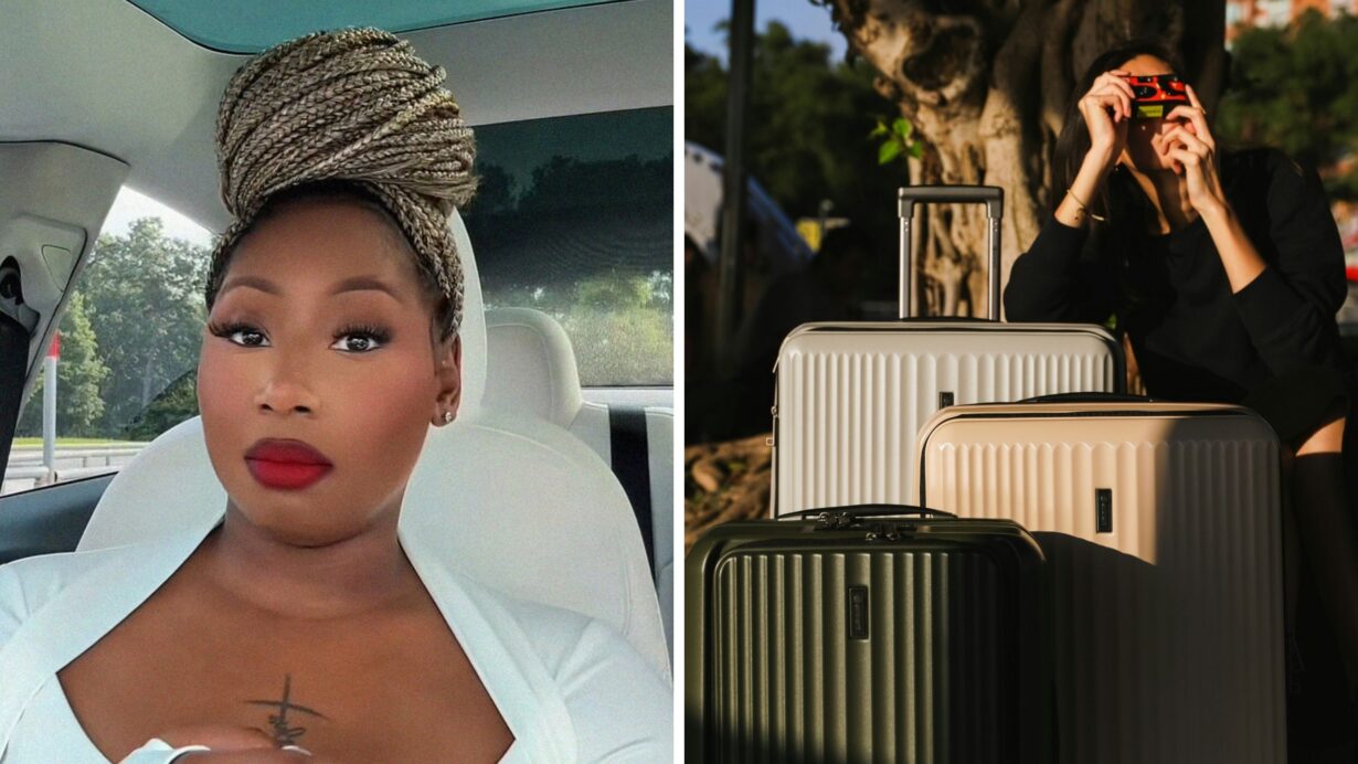 woman shares travels red flag (l) traveller with her luggages (r)
