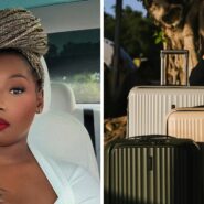 woman shares travels red flag (l) traveller with her luggages (r)