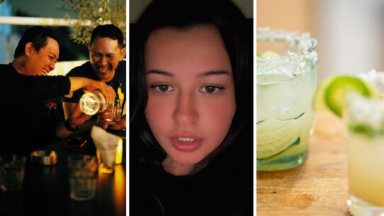two men out for drinks (l) woman shares bartending experience (c) two margaritas (r)