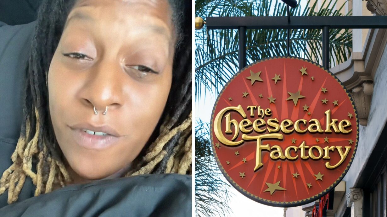 woman shares how she lost her job (l) The cheesecake factory entrance (r)