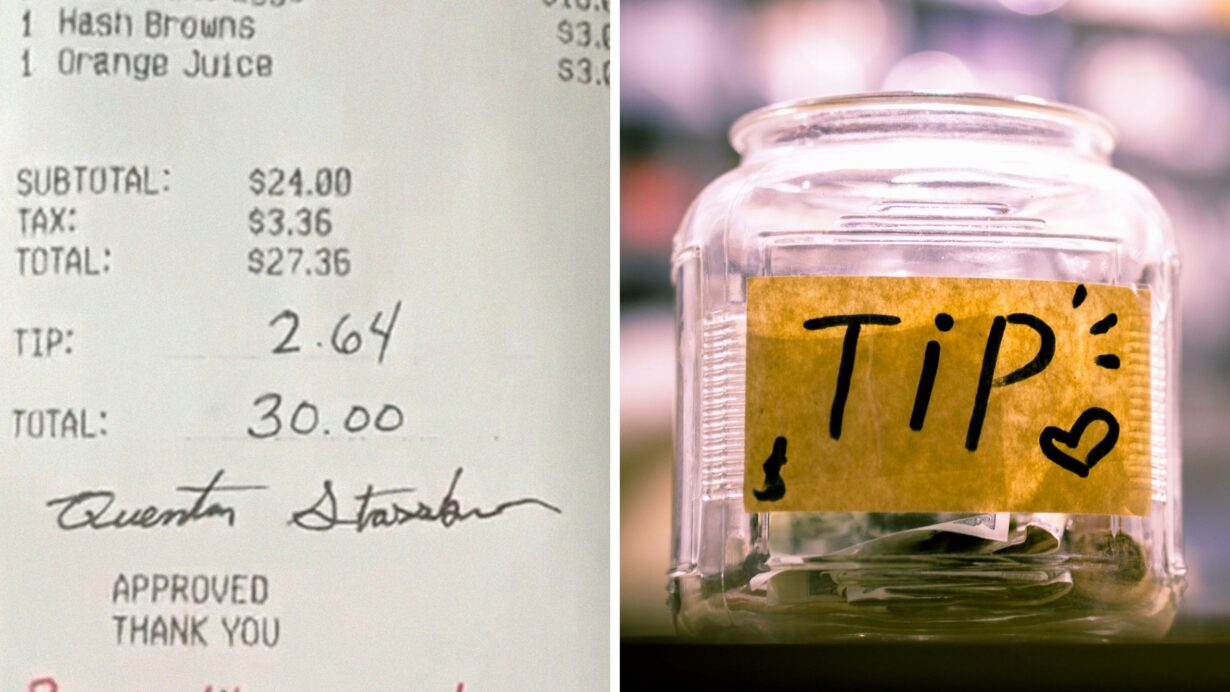 Restaurant bill (l) tip jar (r)