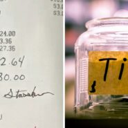 Restaurant bill (l) tip jar (r)