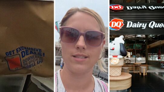 $5 mystery bag at Dairy Queen (l) woman shares dairy Queen observation (c) Dairy Queen entrance (r)