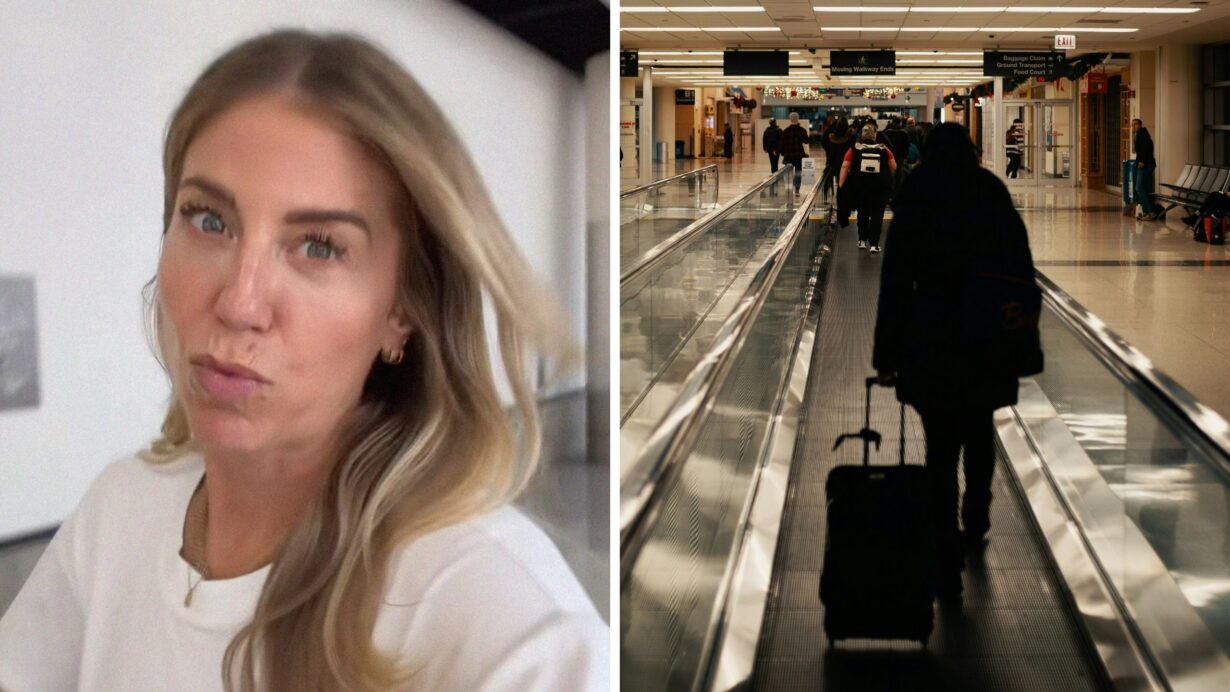 Alt: woman shares travelling tips (l) traveller at airport (r)