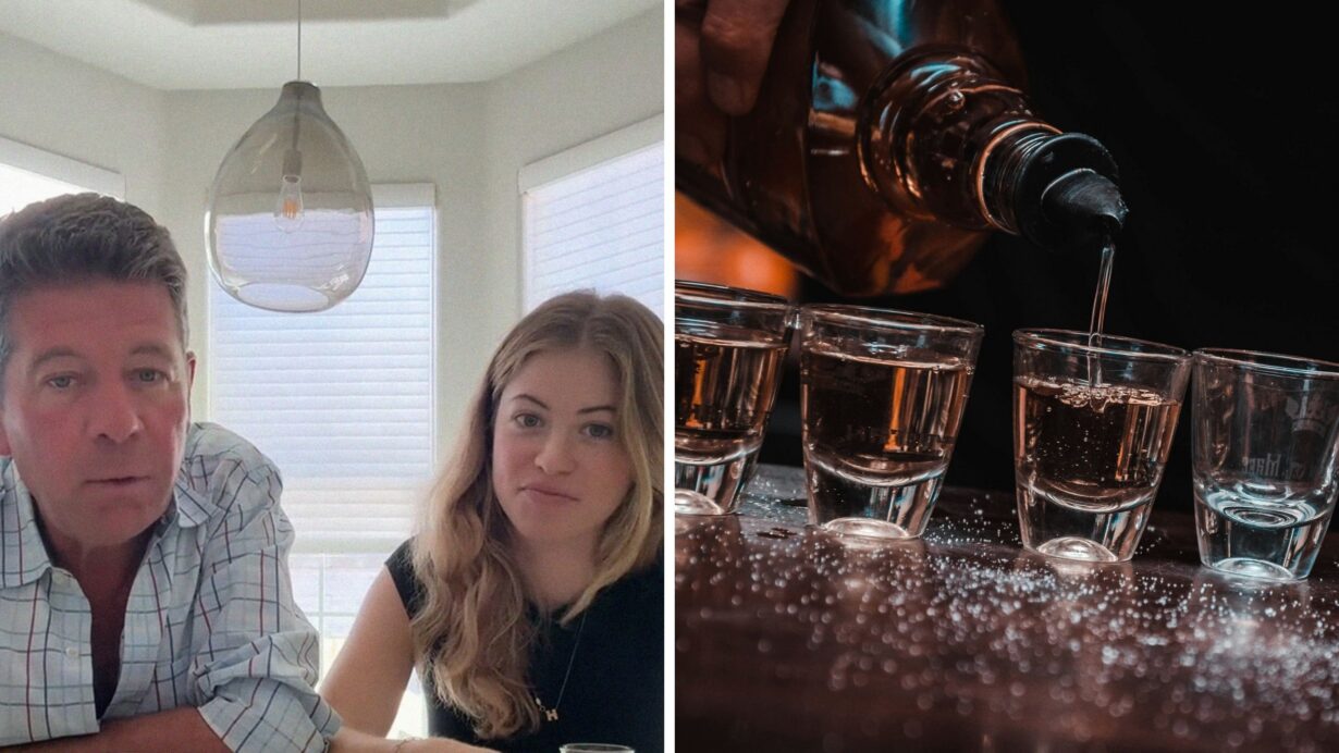 Alt: man teaches daughter drinking tips (l) pouring shots of alcohol (r)