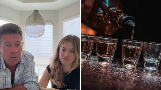 Alt: man teaches daughter drinking tips (l) pouring shots of alcohol (r)