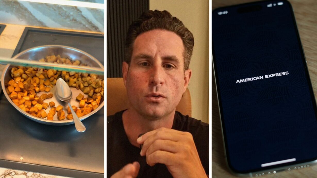 breakfast potatoes (l) man shows off Amex lounge meal (c) American Express app (r)