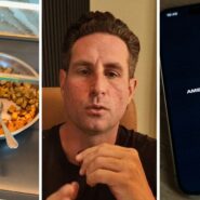 breakfast potatoes (l) man shows off Amex lounge meal (c) American Express app (r)