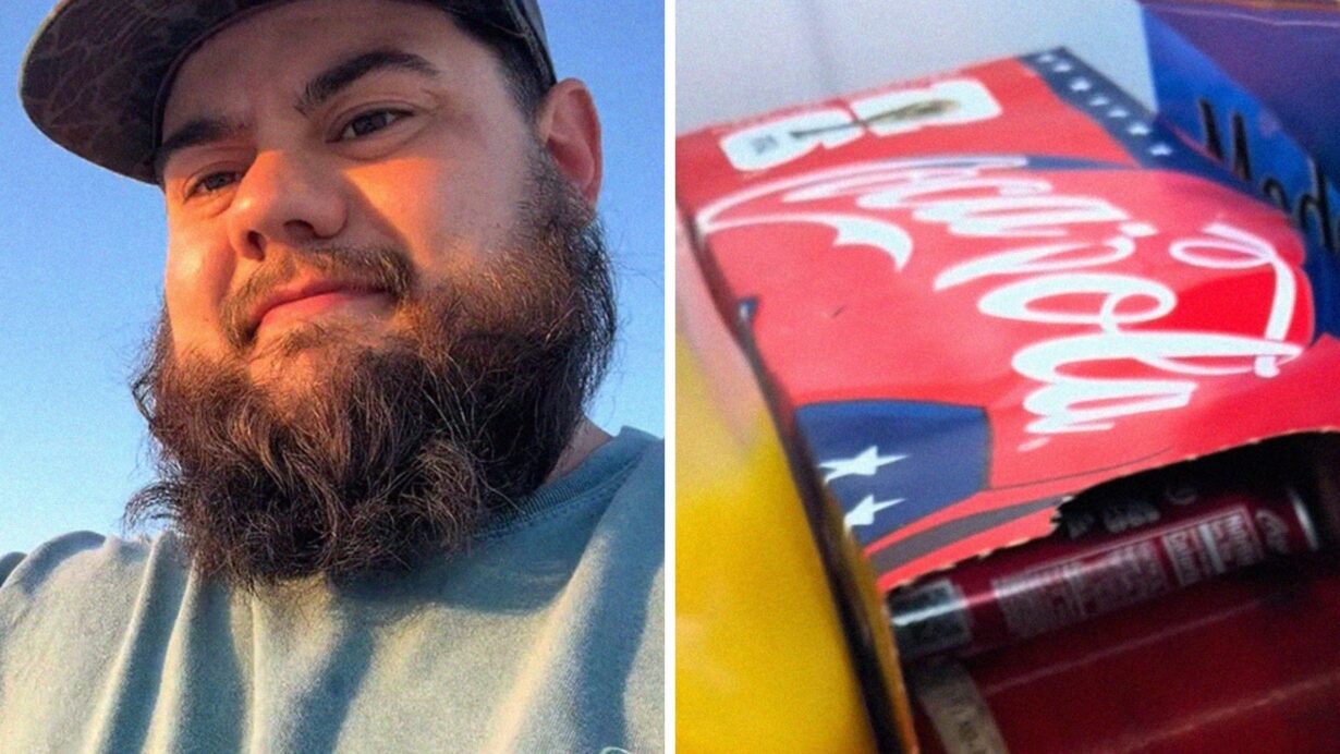man shares coca-cola purchase issue (l) box of canned coca-cola (r)