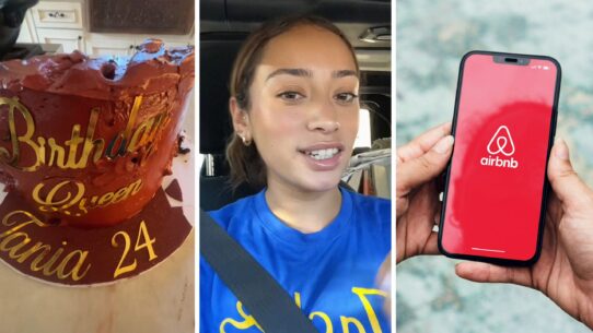 Alt: Birthday cake (l) woman shares Airbnb guests issue (c) Airbnb app (r)