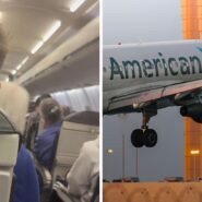 Alt: man shares flight issue (l) American airlines aircraft (r)