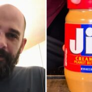 man shares peanut butter observation (l) JIF peanut butter jar (r)