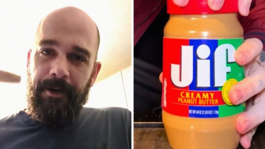 man shares peanut butter observation (l) JIF peanut butter jar (r)