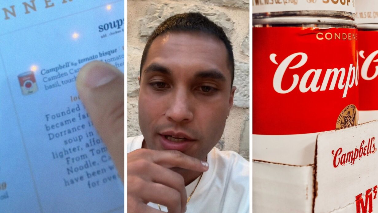 man observes food menu (l) man shares restaurant experience (c) Campbell's canned soup (r)