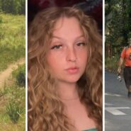 group of girls on a trail (l) female shares hike experience (c) man walking towards group (r)