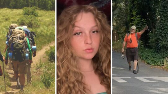 group of girls on a trail (l) female shares hike experience (c) man walking towards group (r)