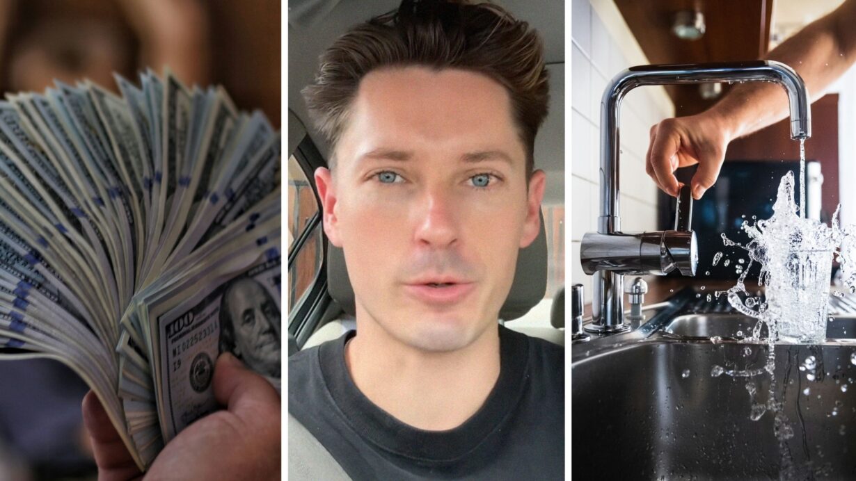 cash for bills (l) man shares water bill concern (c) man using water pipe (r)