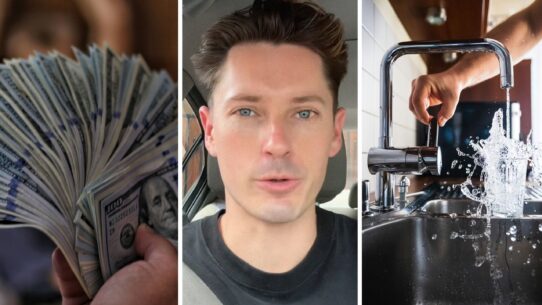cash for bills (l) man shares water bill concern (c) man using water pipe (r)