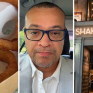 onion rings (l) man shares shake shack experience (c) shake shack entrance (r)