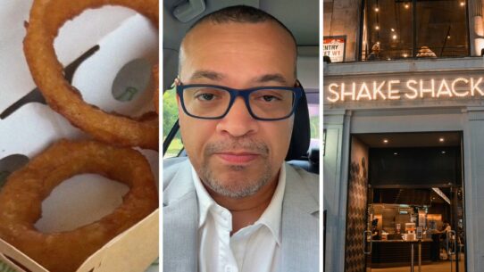 onion rings (l) man shares shake shack experience (c) shake shack entrance (r)