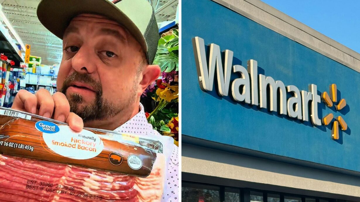 Alt: man holding up bacon (l) walmart storefront (r)