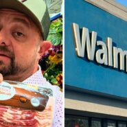 Alt: man holding up bacon (l) walmart storefront (r)