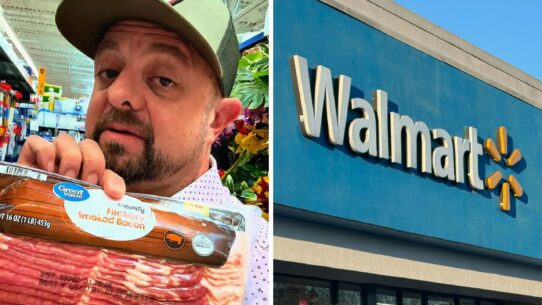 Alt: man holding up bacon (l) walmart storefront (r)