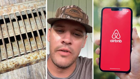 AC vents (l) man shares airbnb concern (c) Airbnb app (r)