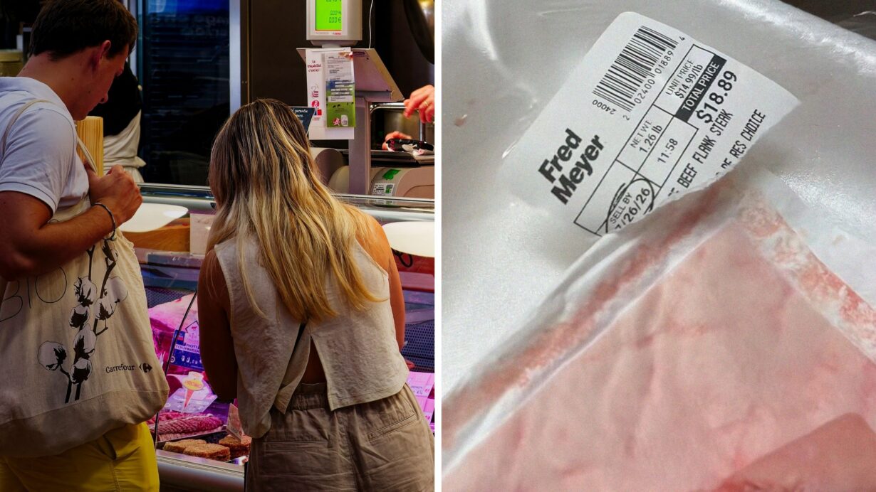 Alt: man shops for meat (l) Fred Meyers meat package (r)