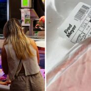 man shops for meat (l) Fred Meyers meat package (r)