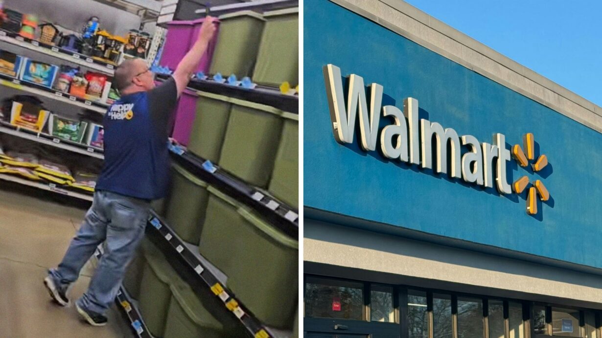 aisle of bins (l) walmart storefront (r)